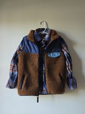 OshKosh B'gosh Brown Sherpa Vest with Blue Plaid Shirt Layer